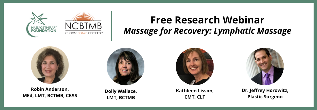 Graphic ad for Lymphatic massage webinar featuring headshot images of the four webinar presenters